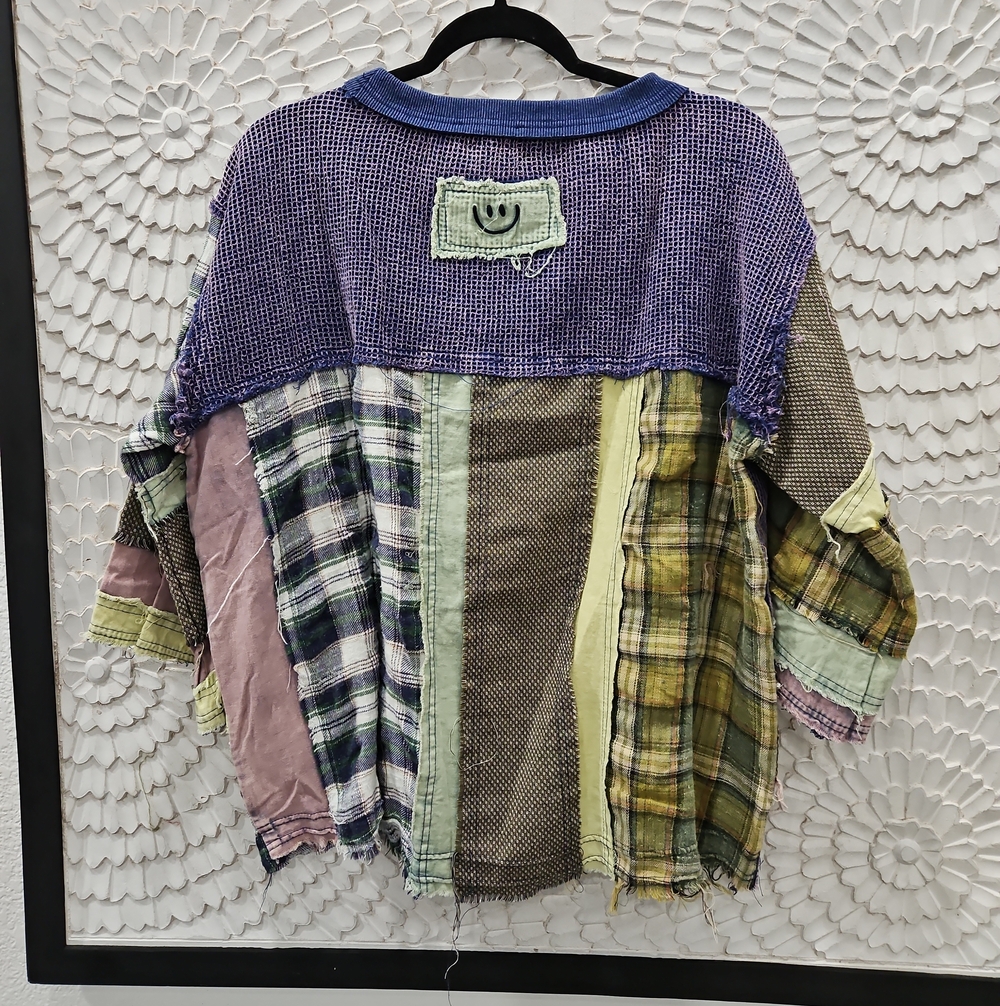 Patchwork Plaid Relaxed Waffle Upcycled Women's Top in Green & Blue Oversized - Picture 5 of 8